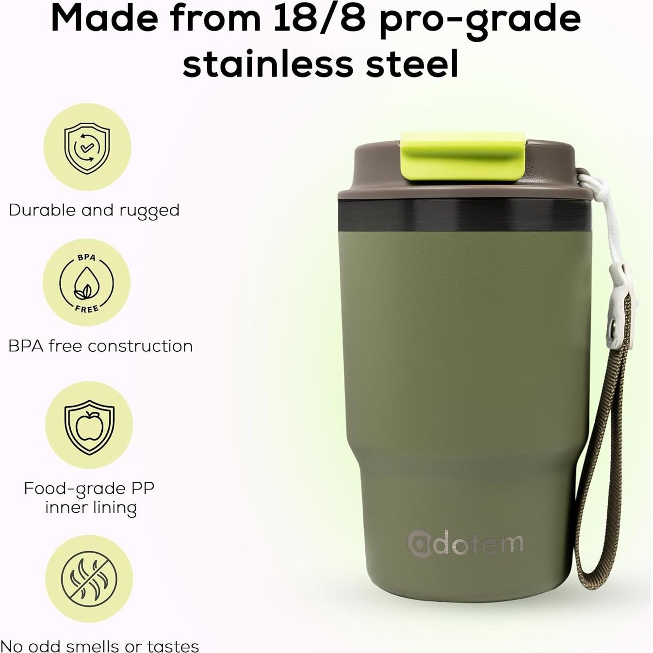 Taza Térmica ADOTEM 16oz Acero Inoxidable Doble Pared Verde Oliva