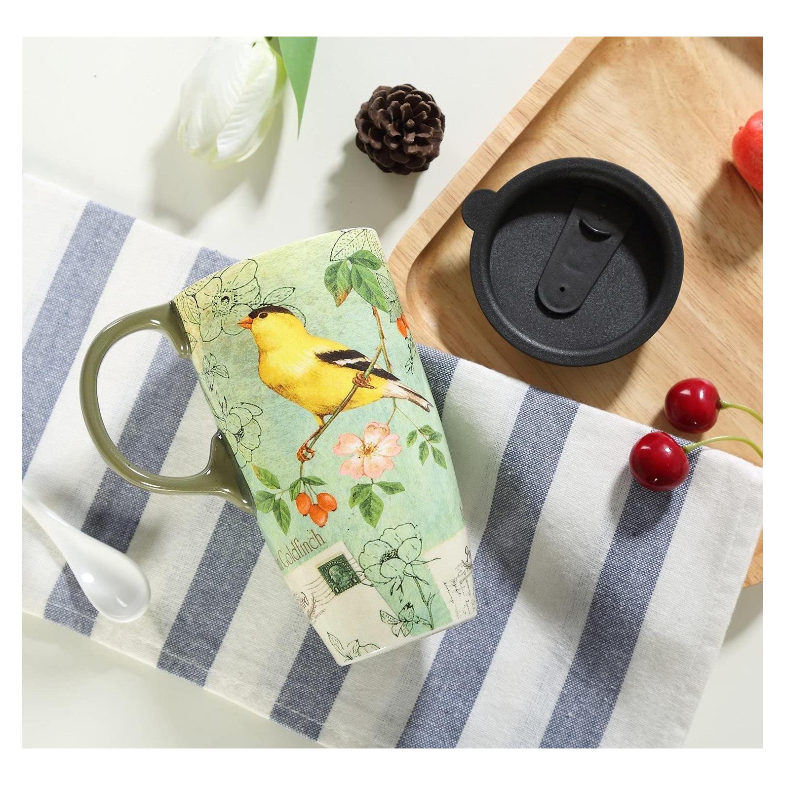 Taza de Viaje Cerámica TZSSP 500ml Diseño Pájaro Apta Lavavajillas