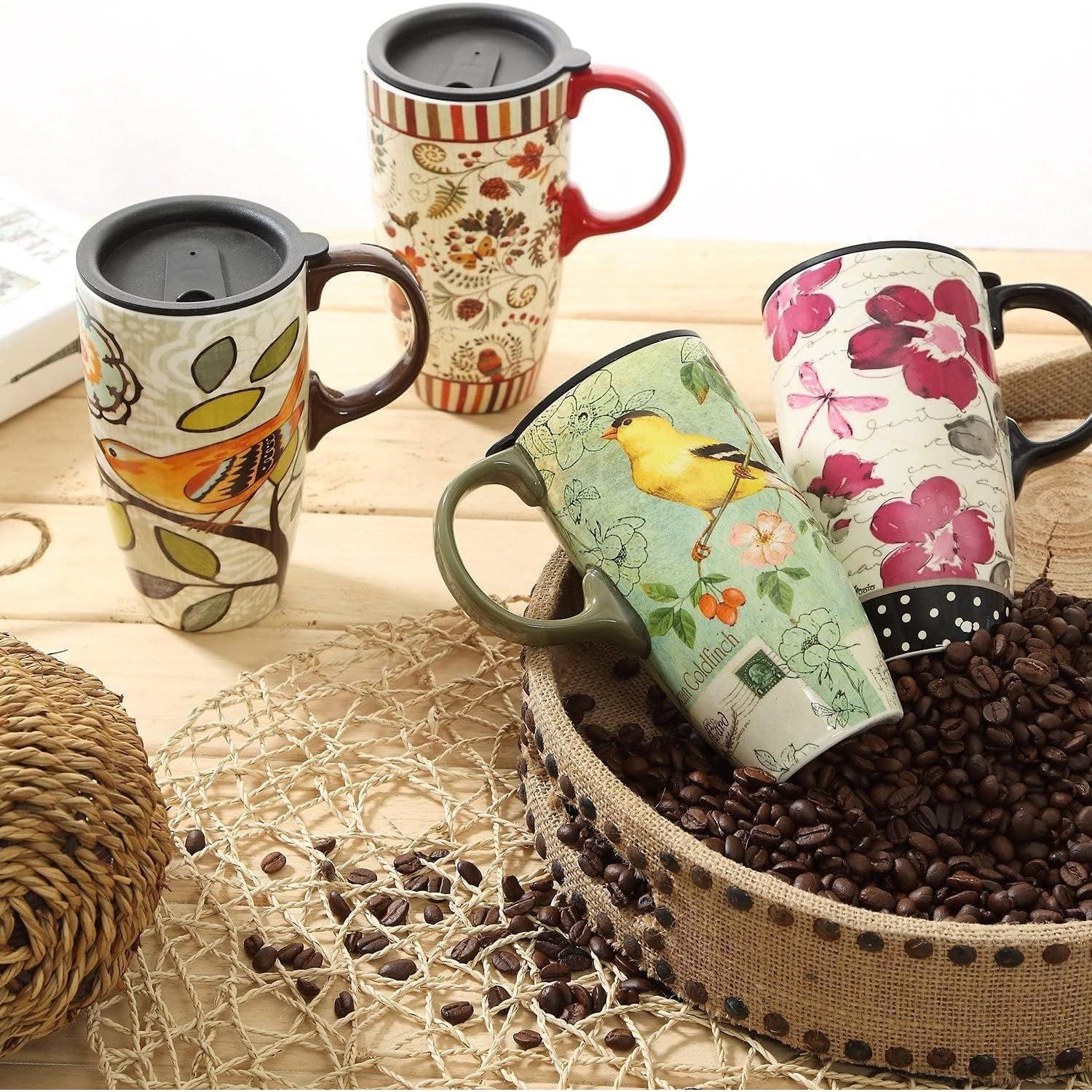 Taza de Viaje Cerámica TZSSP 500ml Diseño Pájaro Apta Lavavajillas