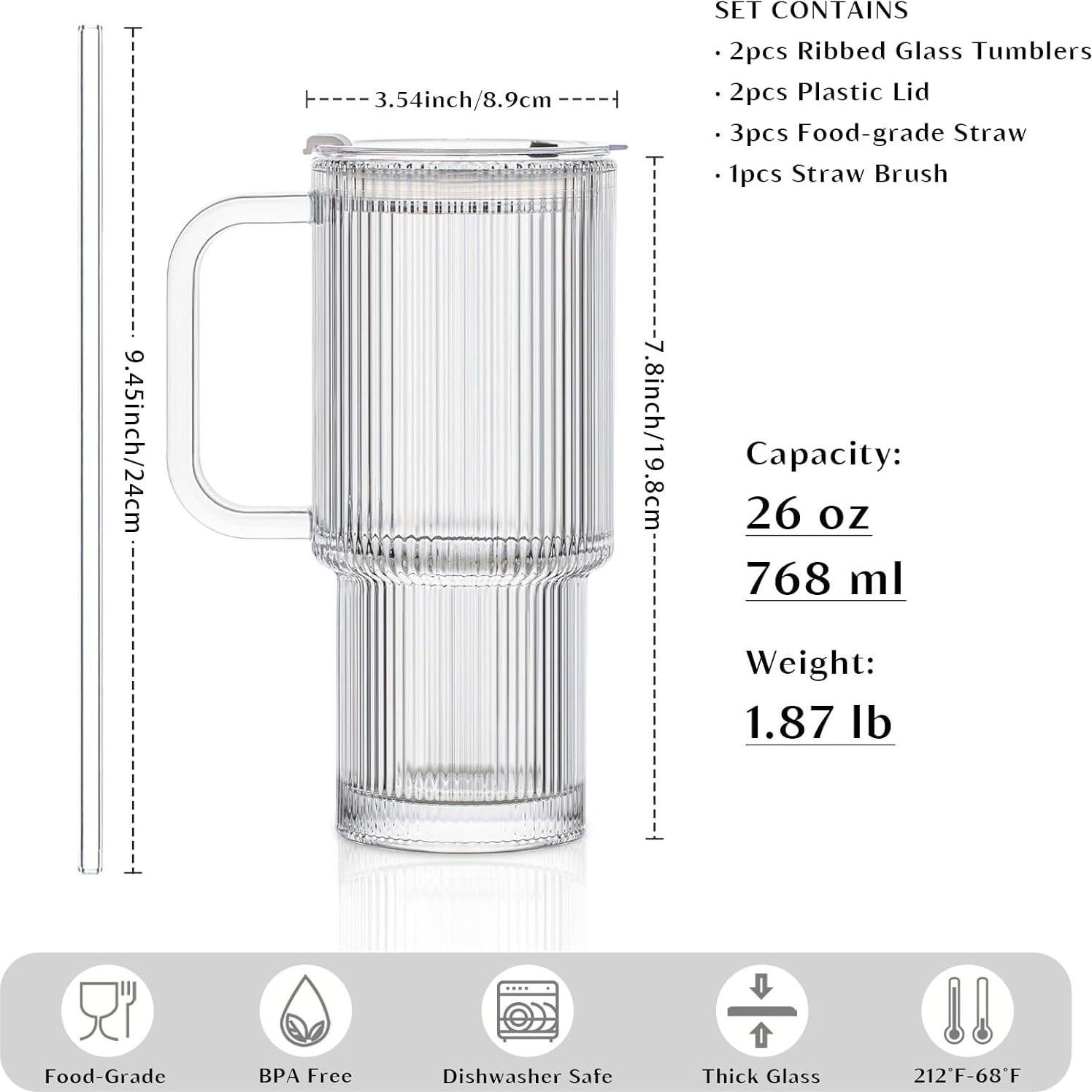 Vasos de Vidrio Estriado INSETLAN 26oz con Asa y Tapa - 2 Piezas