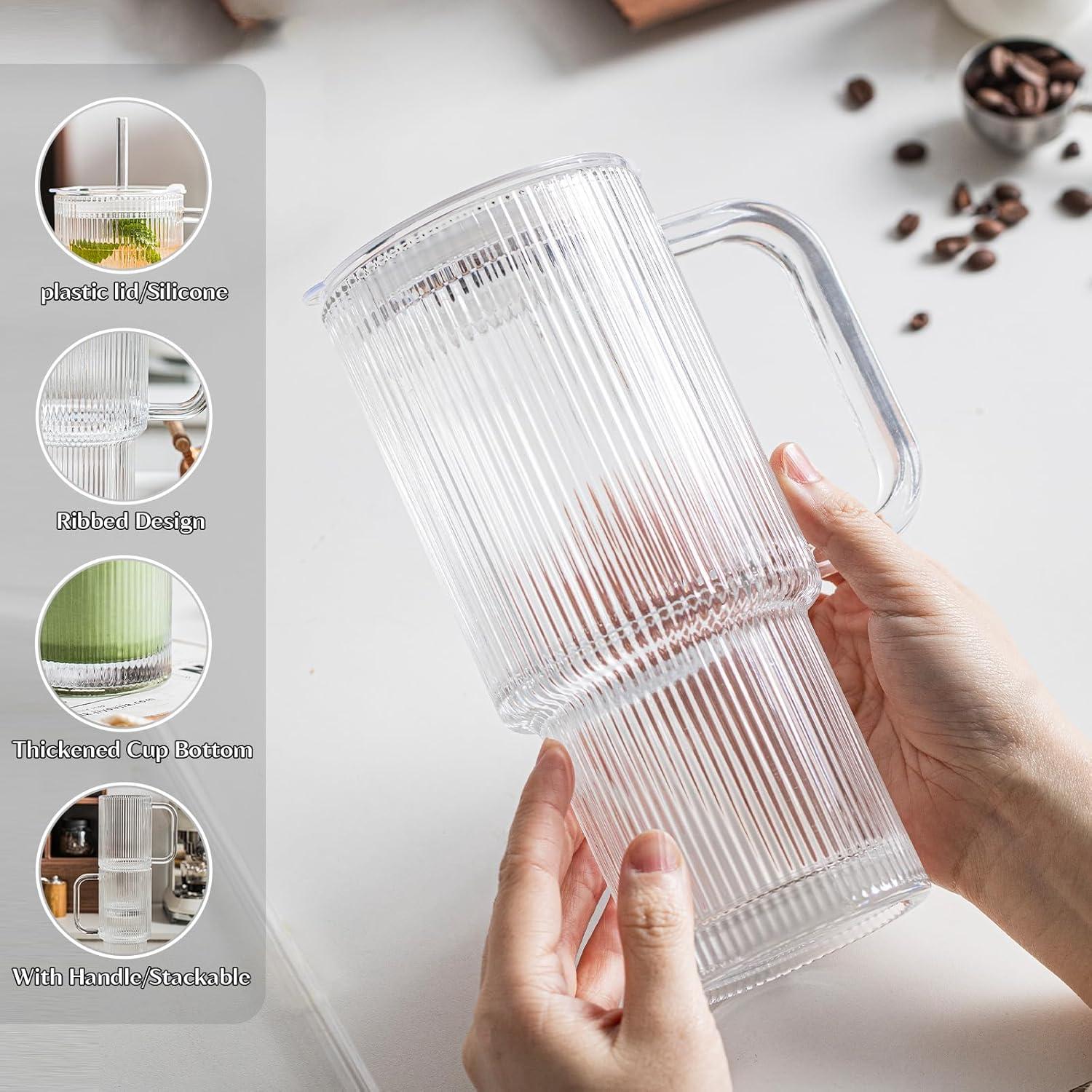 Vasos de Vidrio Estriado INSETLAN 26oz con Asa y Tapa - 2 Piezas