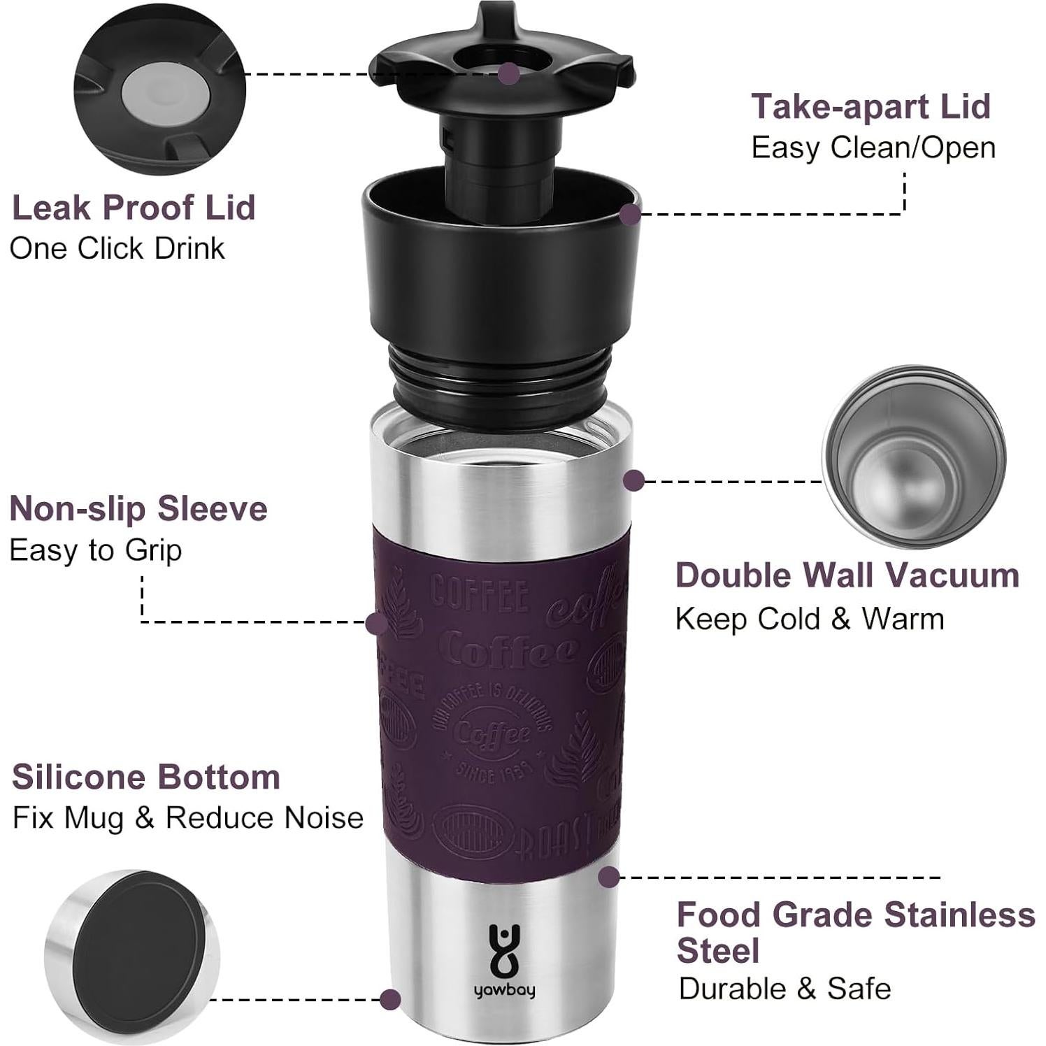Taza de Café de Viaje Yawbay 500 ml Aislada Antiderrames Púrpura