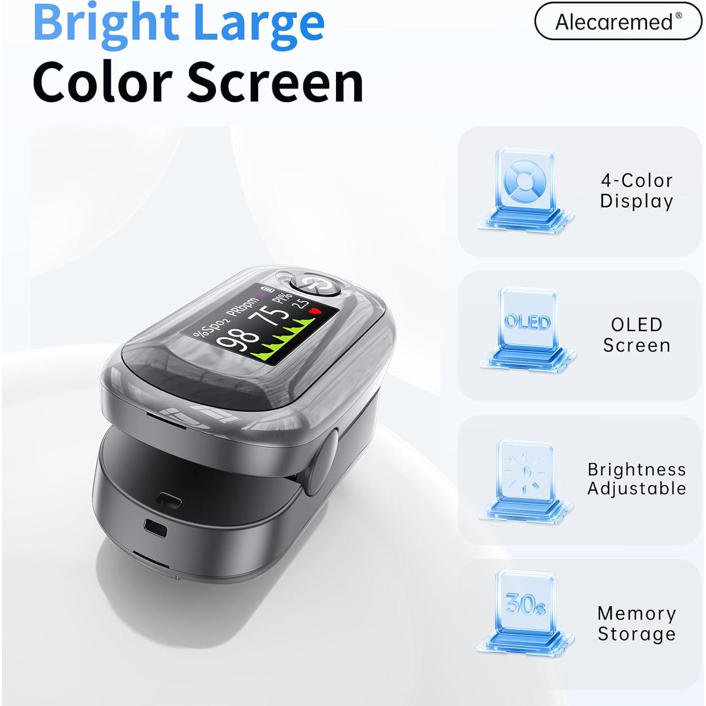 Oxímetro de Pulso Alecaremed YM301 con Pantalla OLED y Memoria