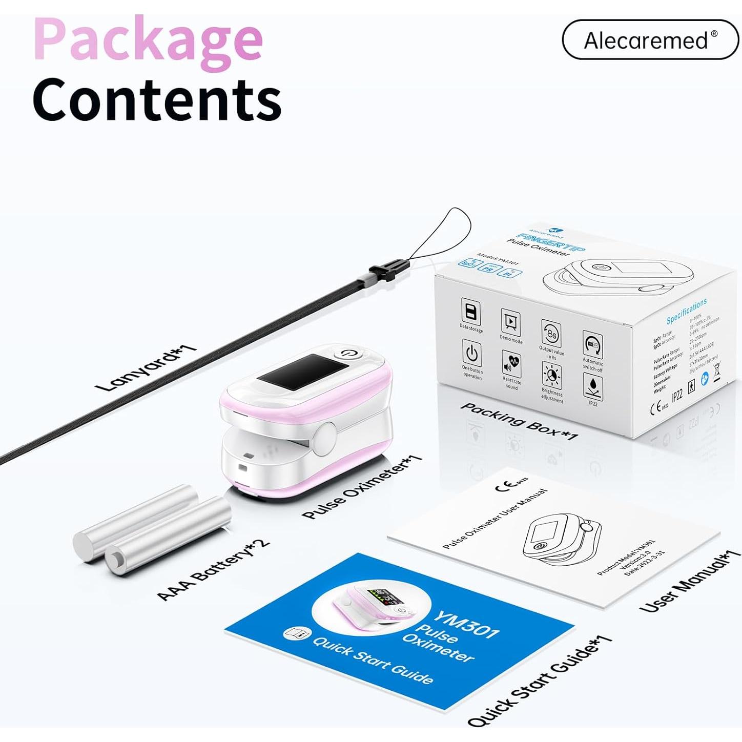 Oxímetro de Pulso Alecaremed YM301 Rosa con Pantalla OLED