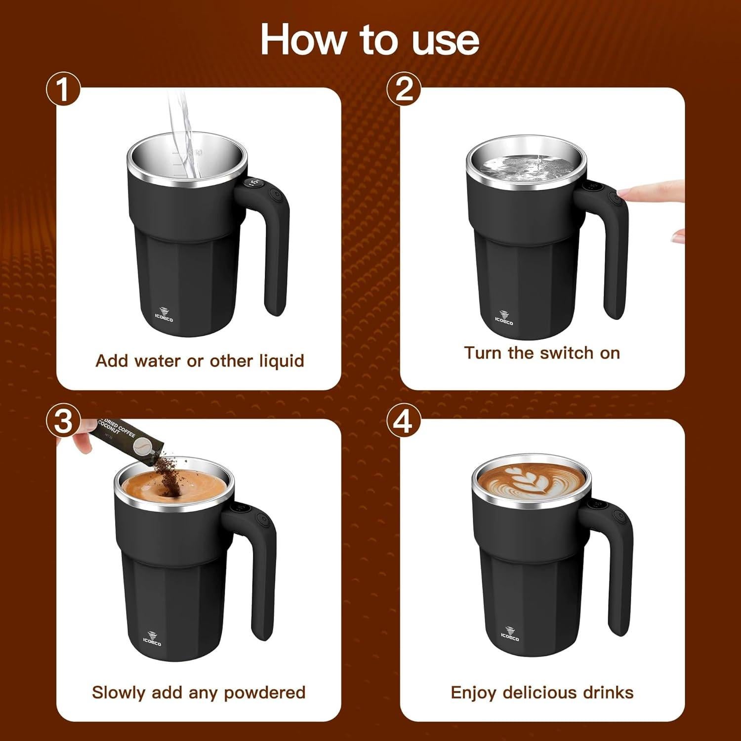 Taza Automezcladora ICOECO 354g Recargable Negra 12oz