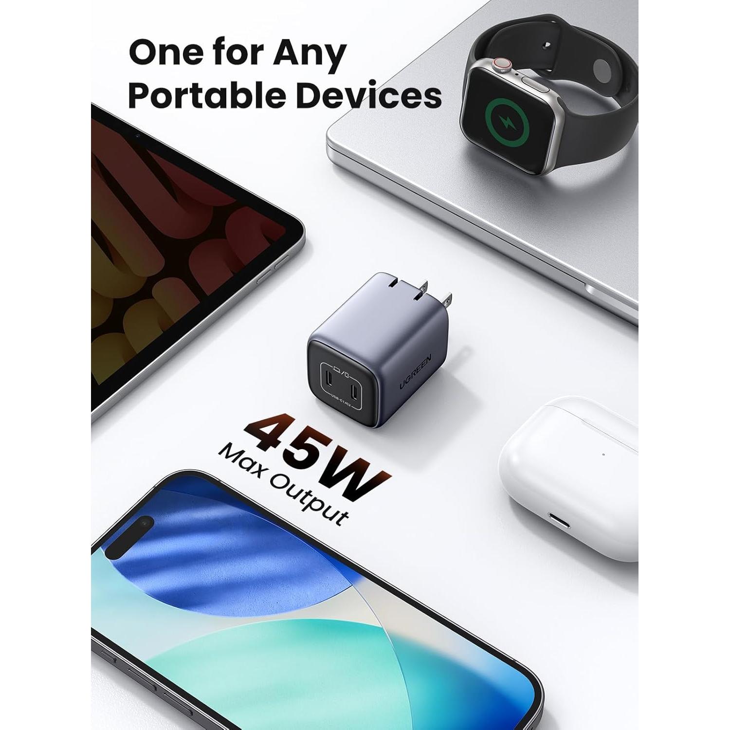 Cargador UGREEN 45W USB C Plegable 2 Puertos Carga Rápida