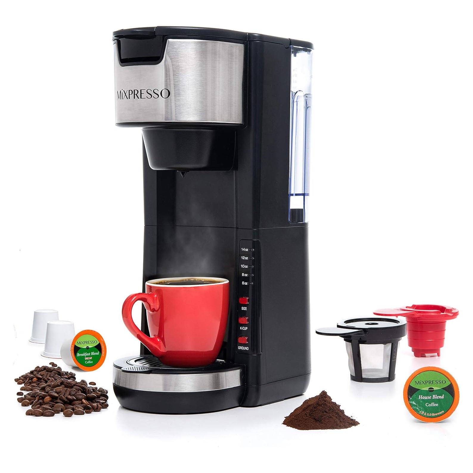 Cafetera Compacta Mixpresso Negra 2 en 1 para K-Cup y Café Molido