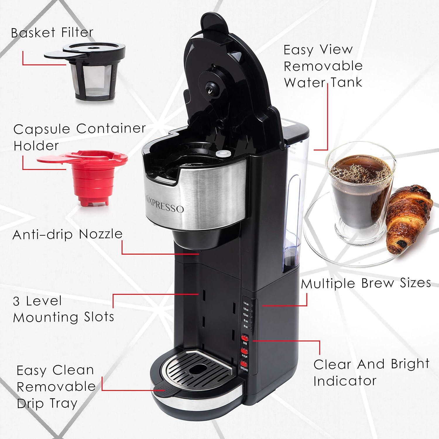 Cafetera Compacta Mixpresso Negra 2 en 1 para K-Cup y Café Molido
