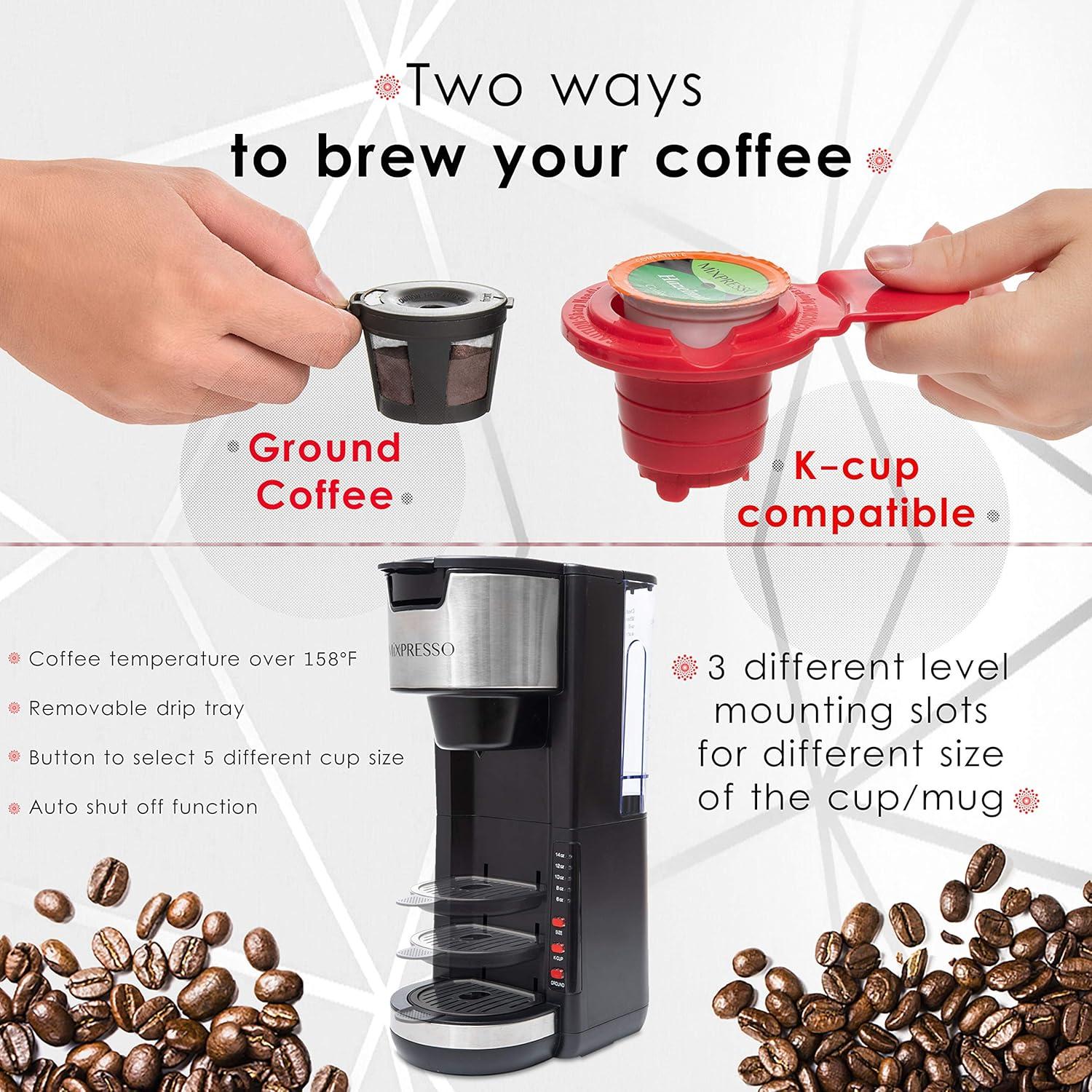 Cafetera Compacta Mixpresso Negra 2 en 1 para K-Cup y Café Molido