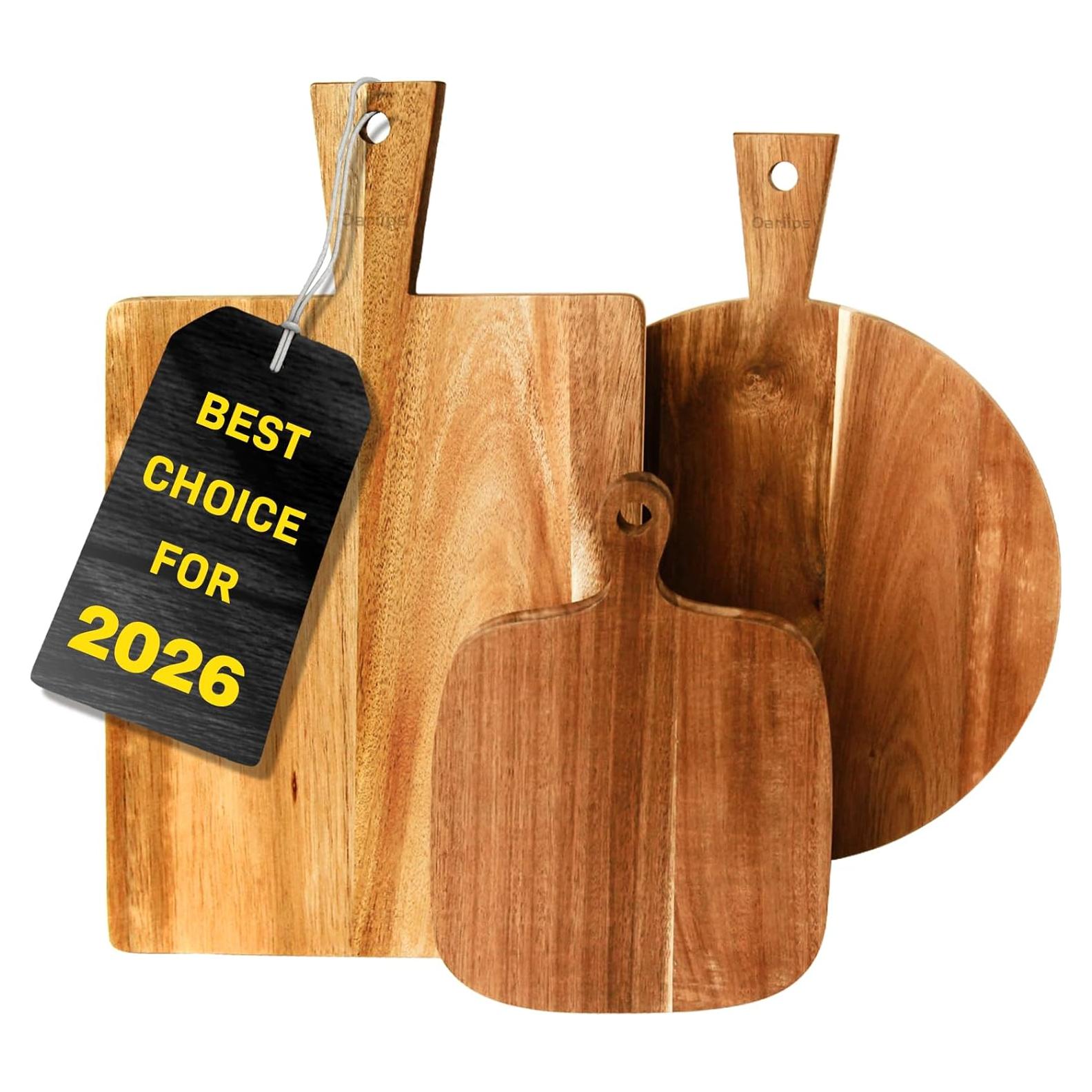 Juego de 3 Tablas de Cortar de Madera Acacia Oariips - Redonda, Rectangular y Paddle
