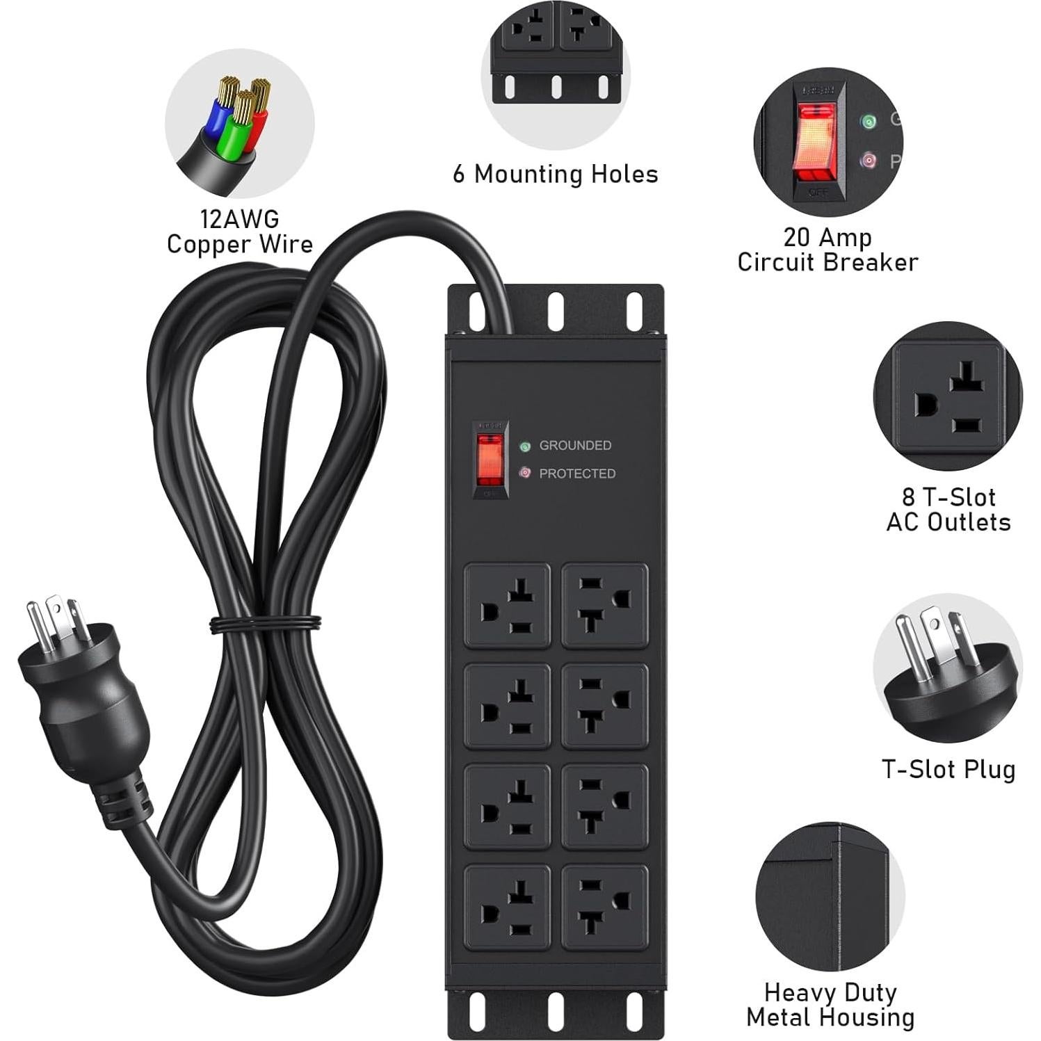 Regleta de Sobretensión 20A JUNNUJ 8 Salidas 1.22m Metal