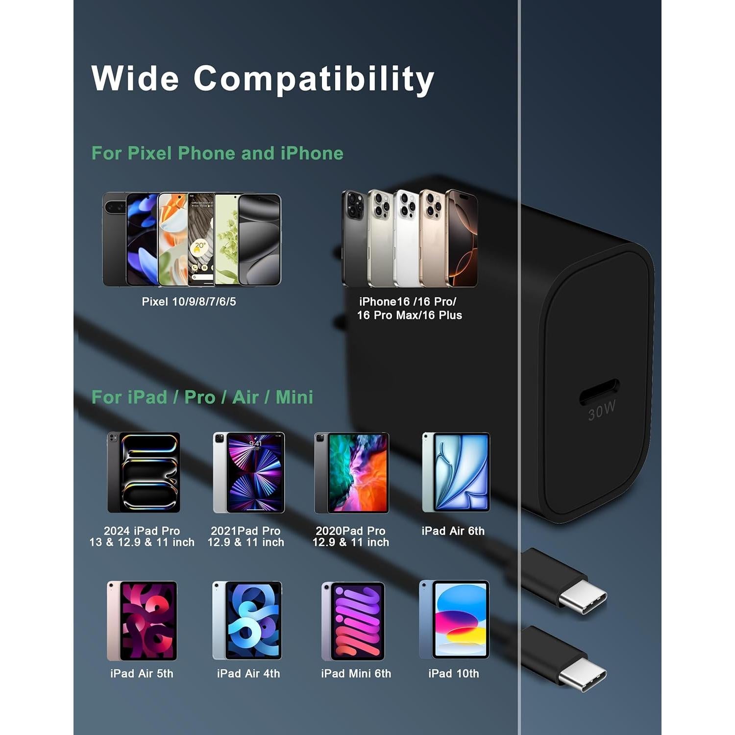 Cargador Rápido USB C 30W para Google Pixel 10/9/8/7/6/5
