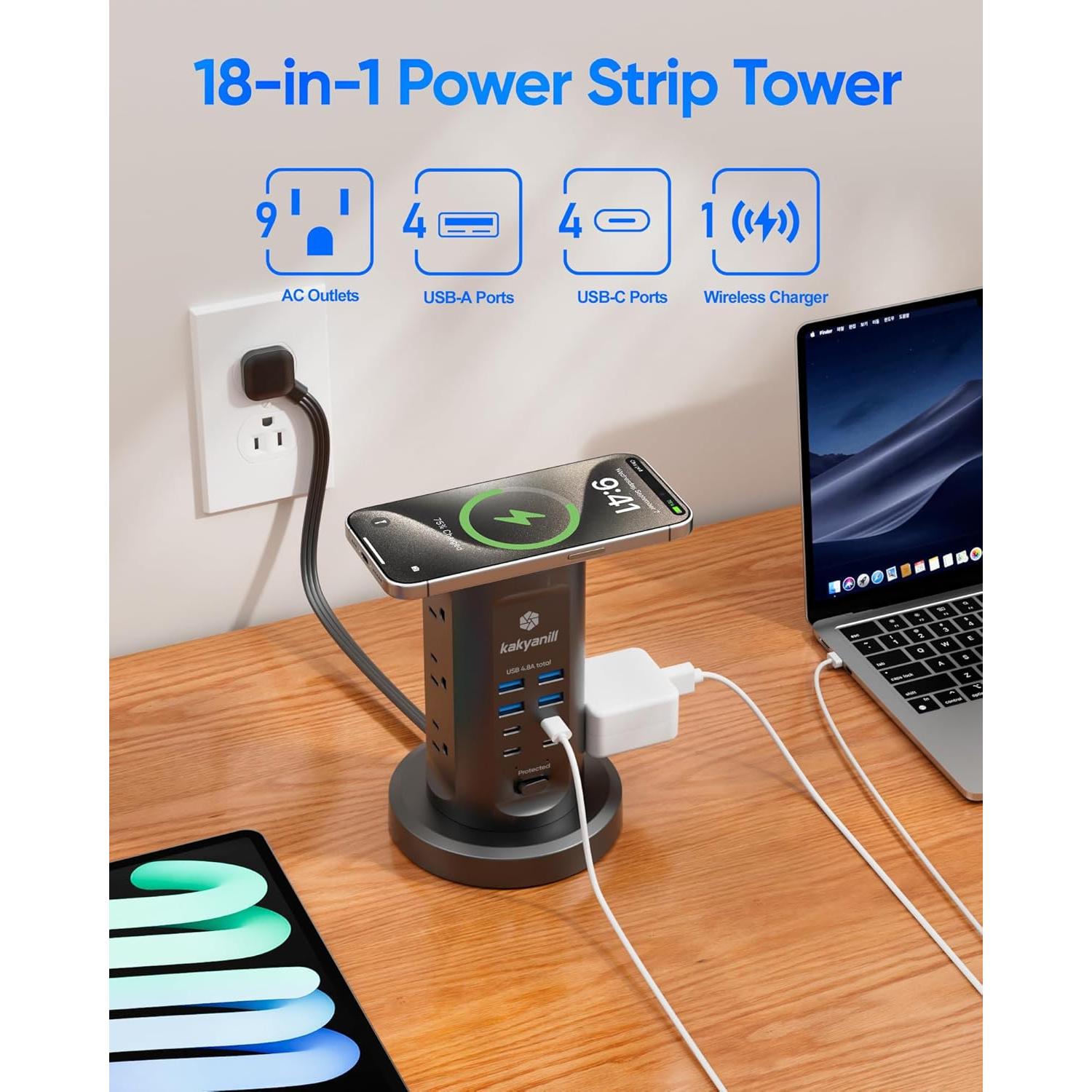 Regleta de Energía Torre Kakyanill 10 Salidas AC 8 USB Negro