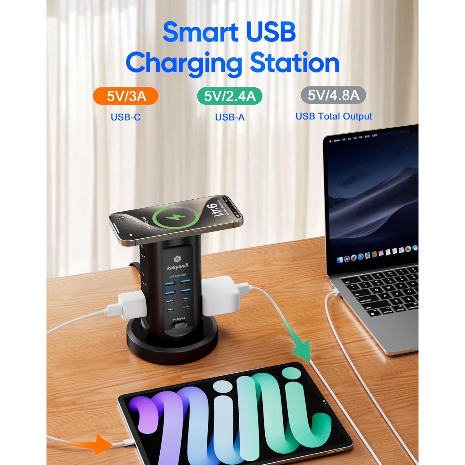 Regleta de Energía Torre Kakyanill 10 Salidas AC 8 USB Negro