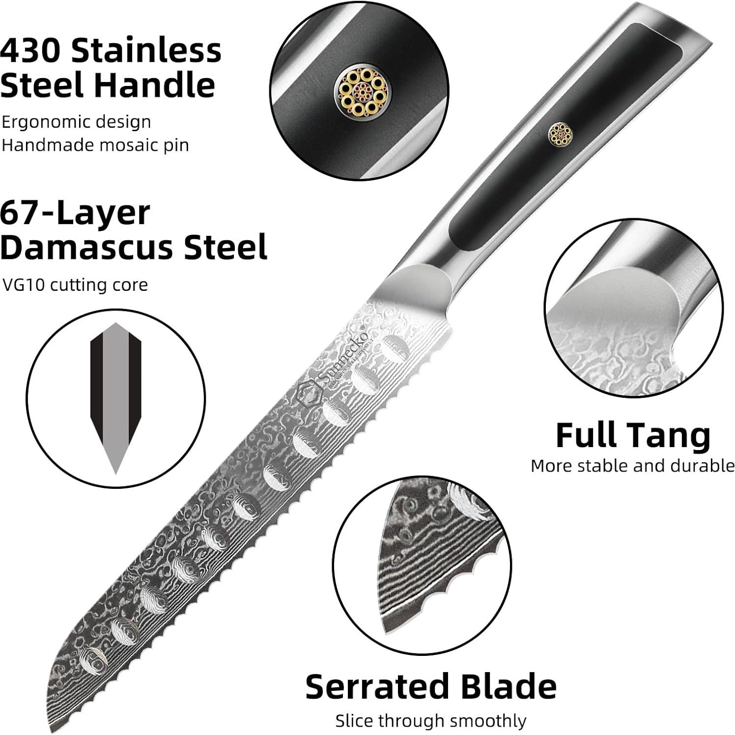 Cuchillo de Pan Sunnecko 20 cm Acero Damasco VG10 Forjado