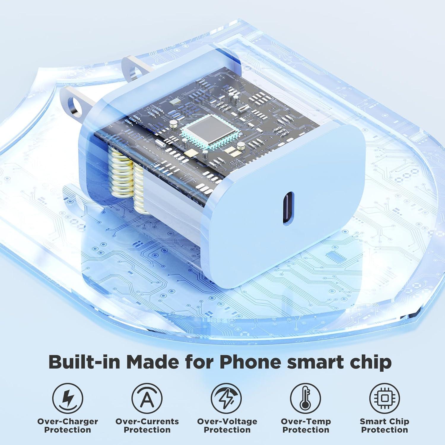 Cargador Rápido USB C 20W Hzevn 3Pack con Cables 1.83/3.05m Azul