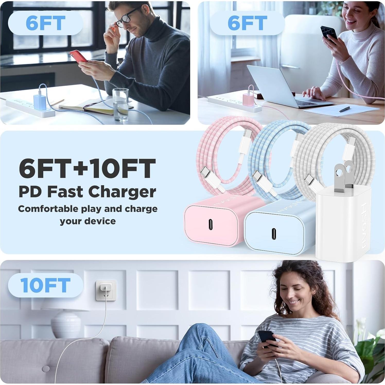 Cargador Rápido USB C 20W Hzevn 3Pack con Cables 1.83/3.05m Azul