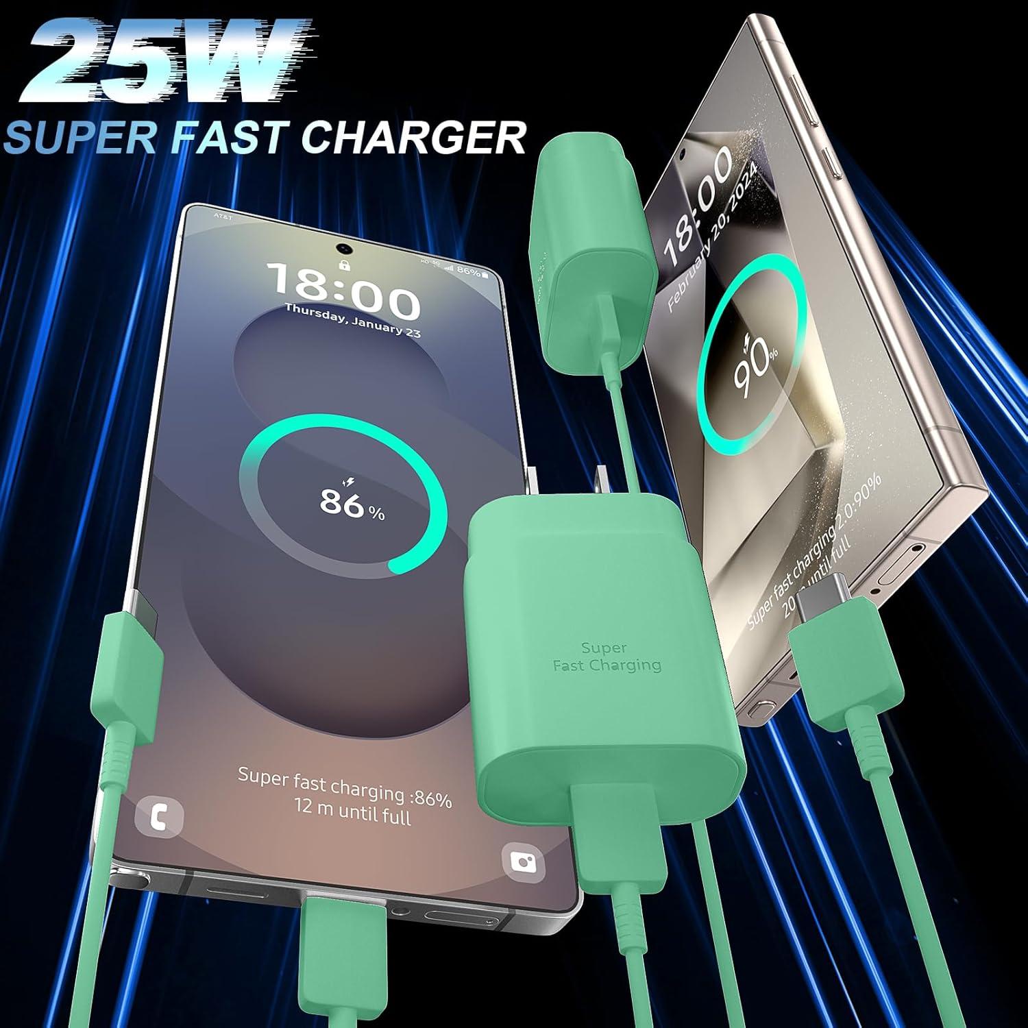 Cargador Rápido USB C Samsung 25W + Cable 2m Verde