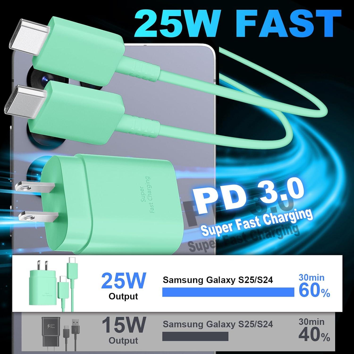 Cargador Rápido USB C Samsung 25W + Cable 2m Verde