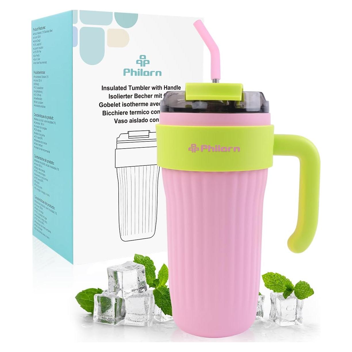 Botella de Agua Aislada PHILORN 800 ml Rosa con Pajilla