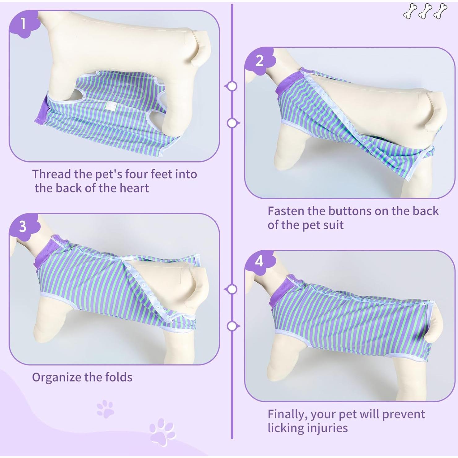 Traje de Recuperación para Perros TQFlow XS Rayas Verde y Púrpura