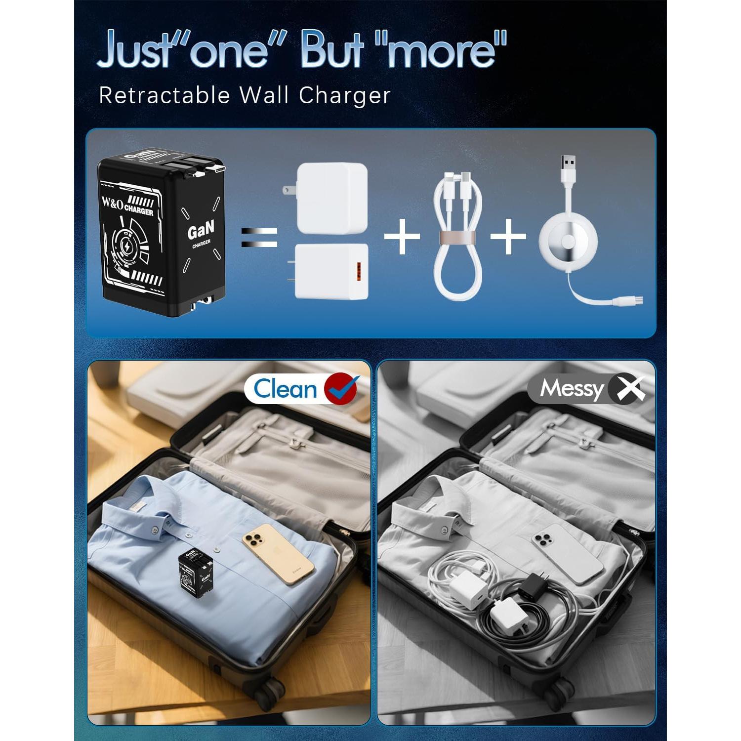 Cargador GaN 45W W & O Retráctil con Cables Tipo-C y Lightning