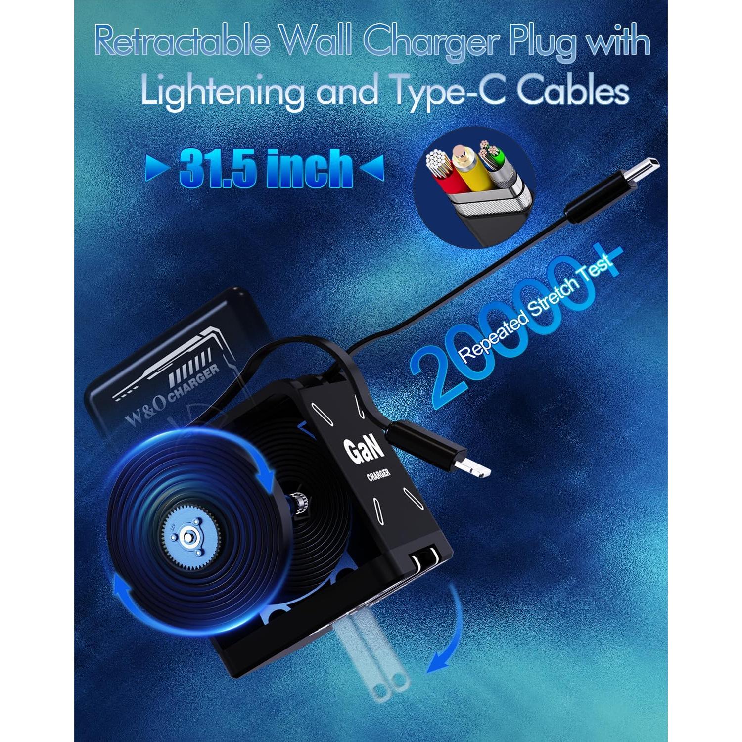 Cargador GaN 45W W & O Retráctil con Cables Tipo-C y Lightning
