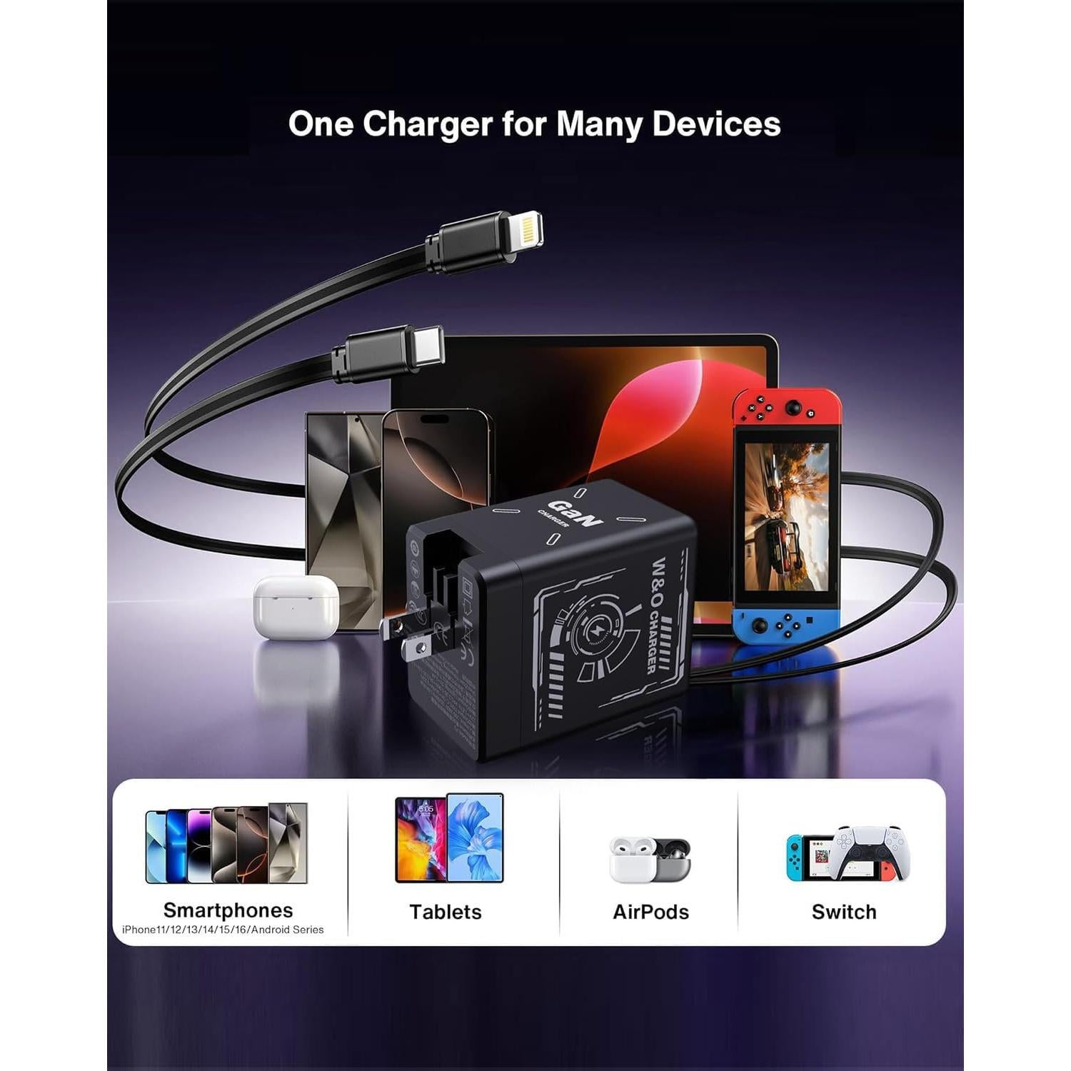 Cargador GaN 45W W & O Retráctil con Cables Tipo-C y Lightning