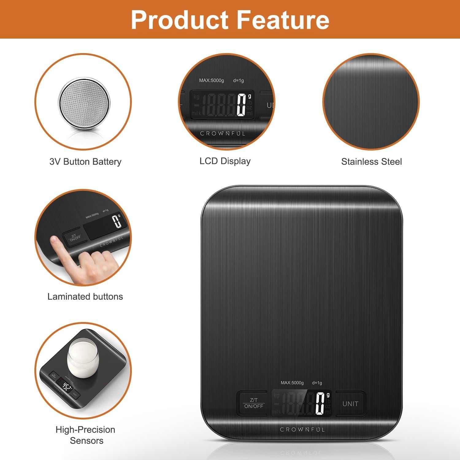 Balanza de Cocina Digital CROWNFUL 5 kg Acero Inoxidable LCD