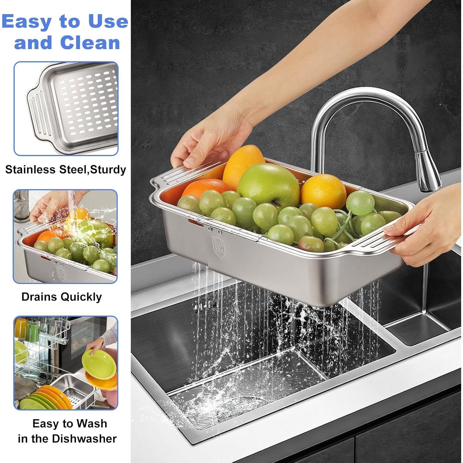 Colador de acero inoxidable GyssTotr extensible para fregadero 34.3-43.2 cm