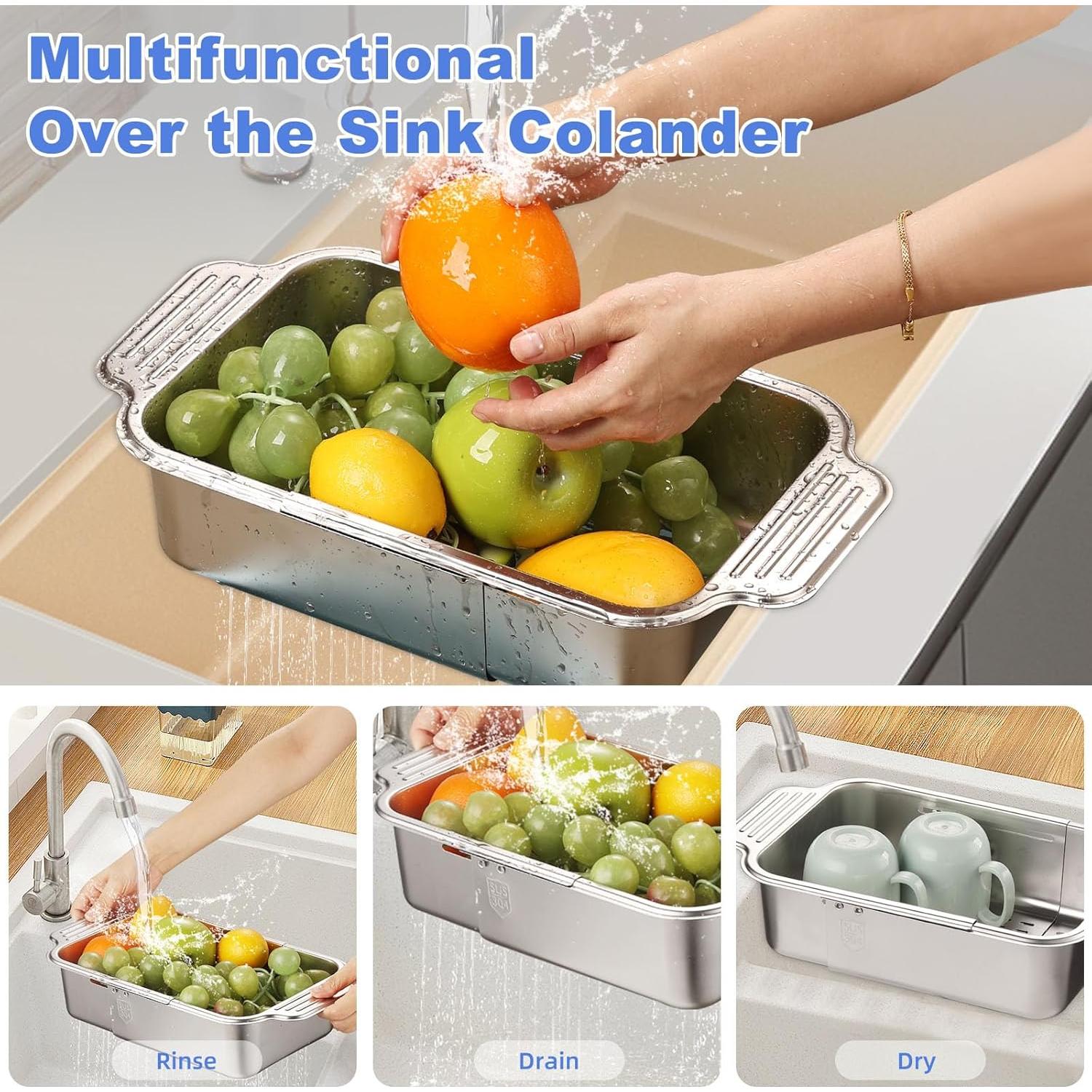 Colador de acero inoxidable GyssTotr extensible para fregadero 34.3-43.2 cm