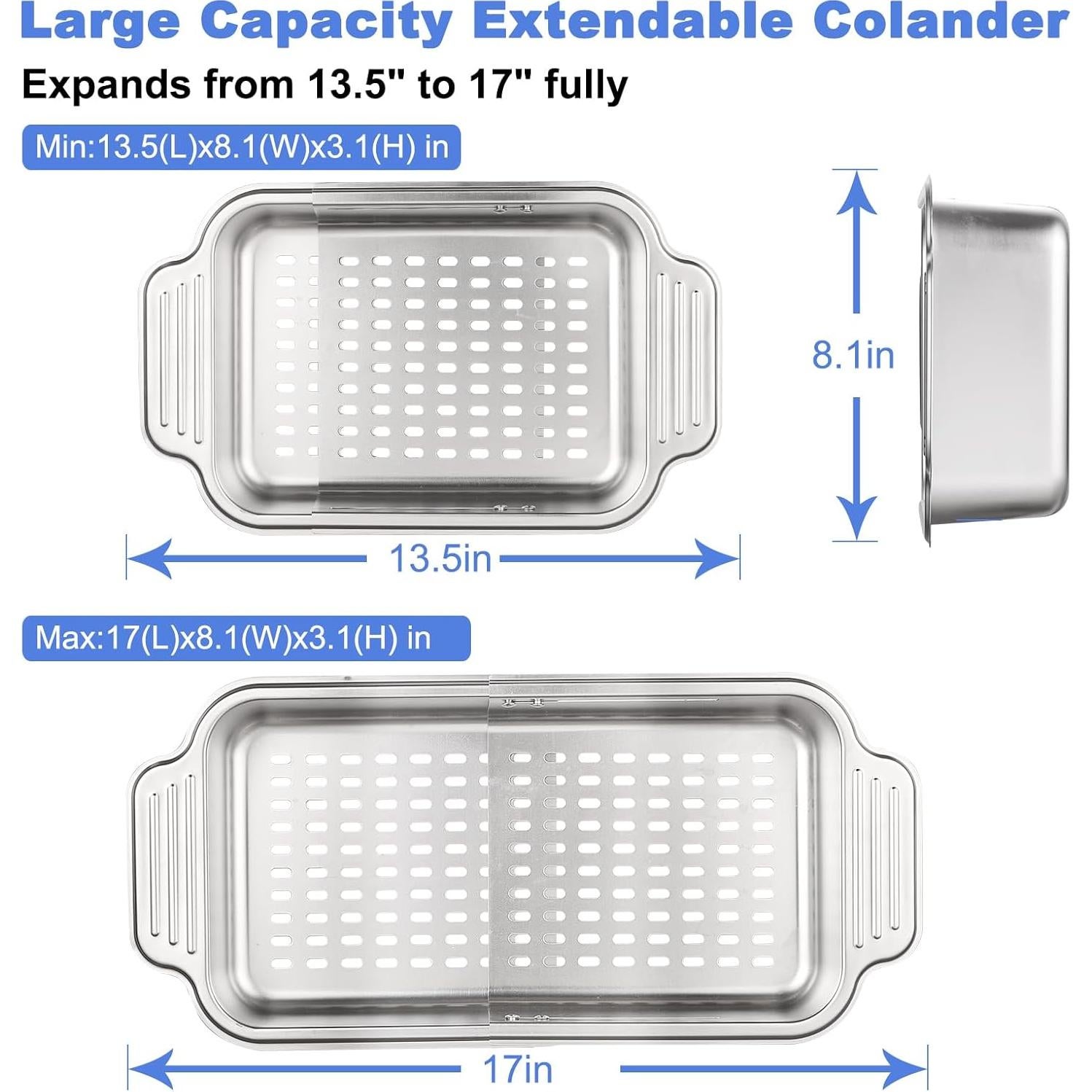 Colador de acero inoxidable GyssTotr extensible para fregadero 34.3-43.2 cm
