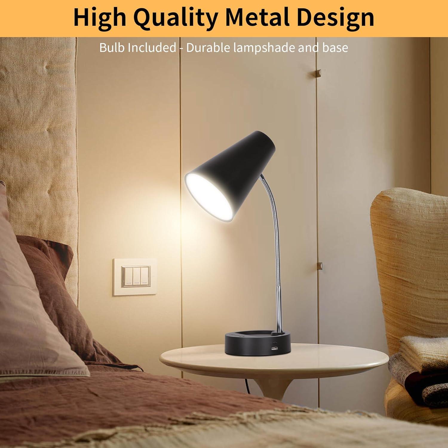 Lámpara de Escritorio LED RUNTOP Negra, 5 Niveles de Brillo, USB y Tipo C