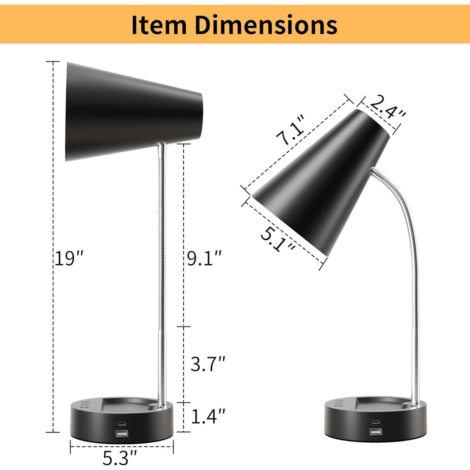 Lámpara de Escritorio LED RUNTOP Negra, 5 Niveles de Brillo, USB y Tipo C