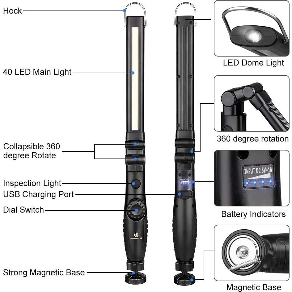 Luz de Trabajo LED ORHOMELIFE 750 Lúmenes Plegable 2 Paquete