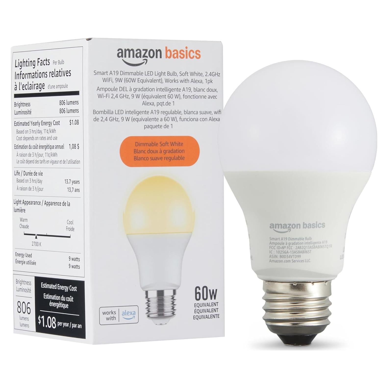 Bombilla LED A19 inteligente Amazon Basics 9W regulable blanco suave