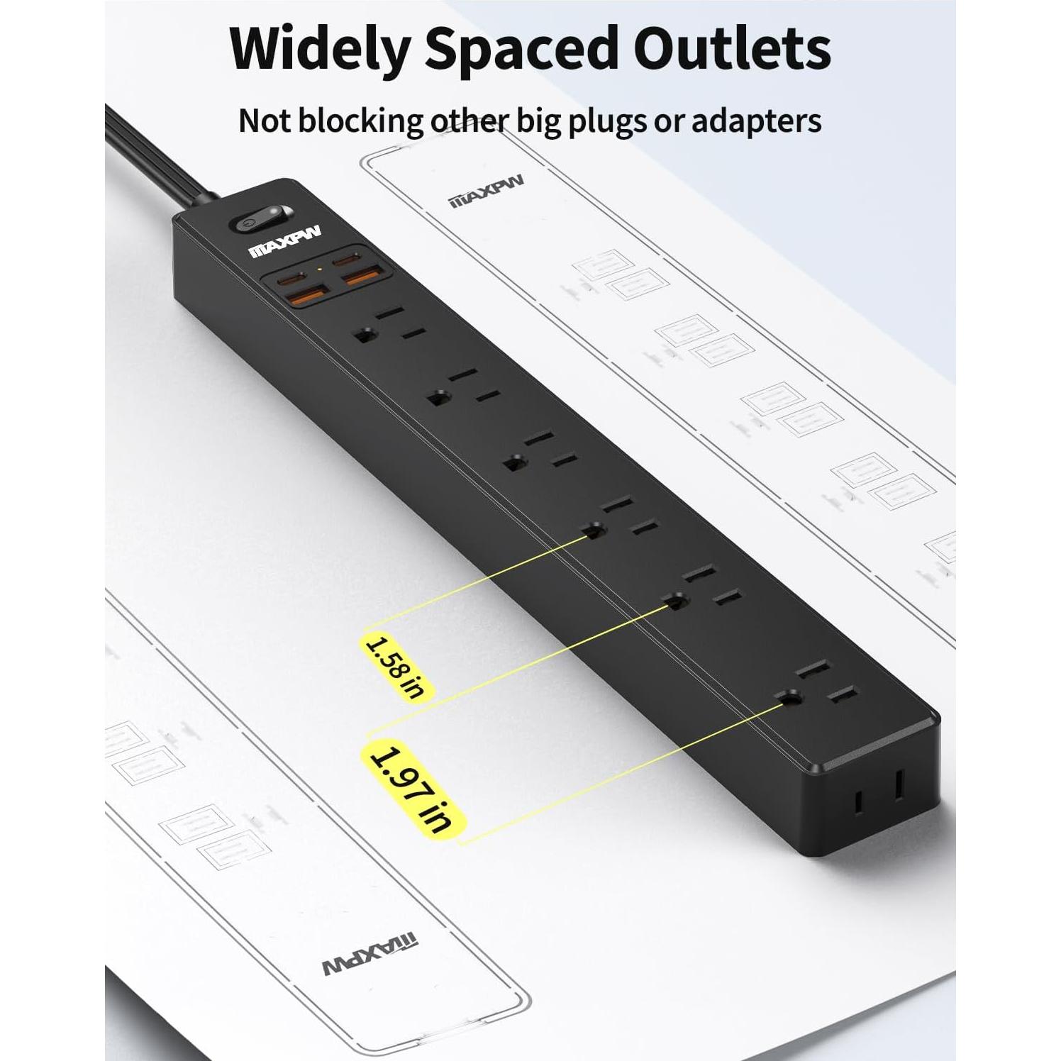 Regleta de Enchufes Maxpw 1.83m 7 Salidas 4 USB Carga Rápida
