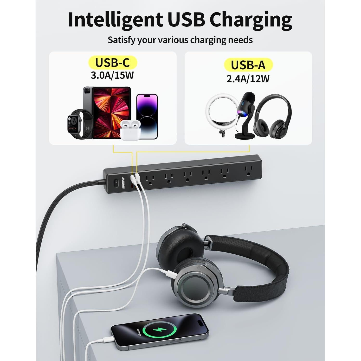 Regleta de Enchufes Maxpw 1.83m 7 Salidas 4 USB Carga Rápida