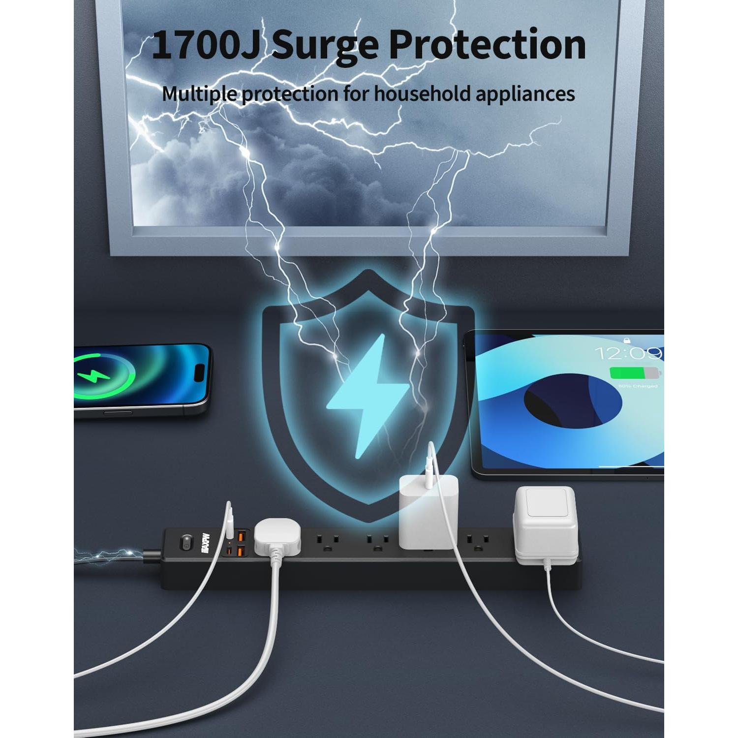 Regleta de Enchufes Maxpw 1.83m 7 Salidas 4 USB Carga Rápida