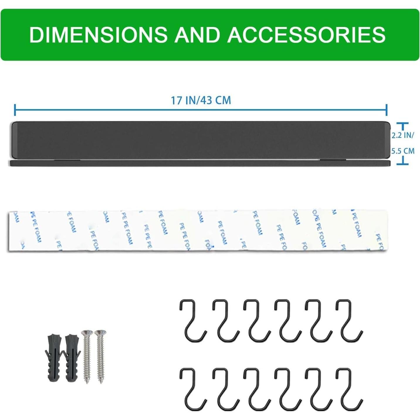 Soporte Magnético para Cuchillos YIIYIIN 44 cm Adhesivo 12 Ganchos