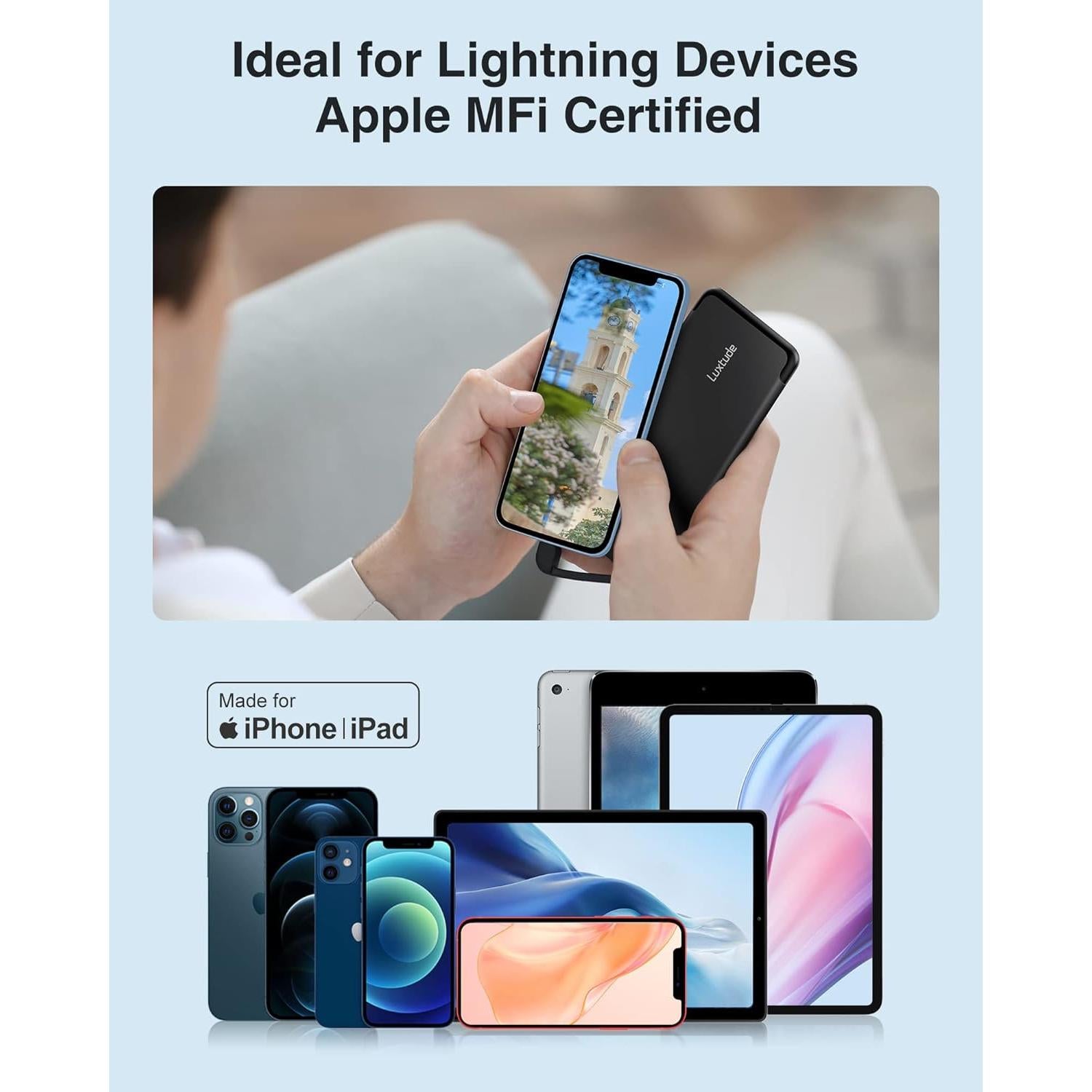 Cargador Portátil Luxtude 5000mAh para iPhone con Cable Lightning