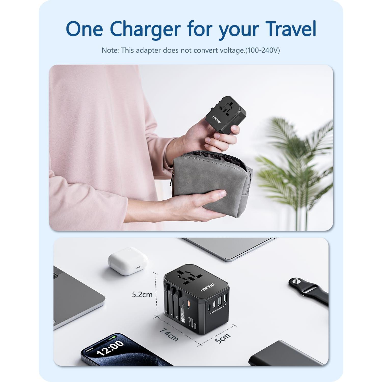 Adaptador de Viaje Universal LENCENT 70W Cargador Rápido USB-C