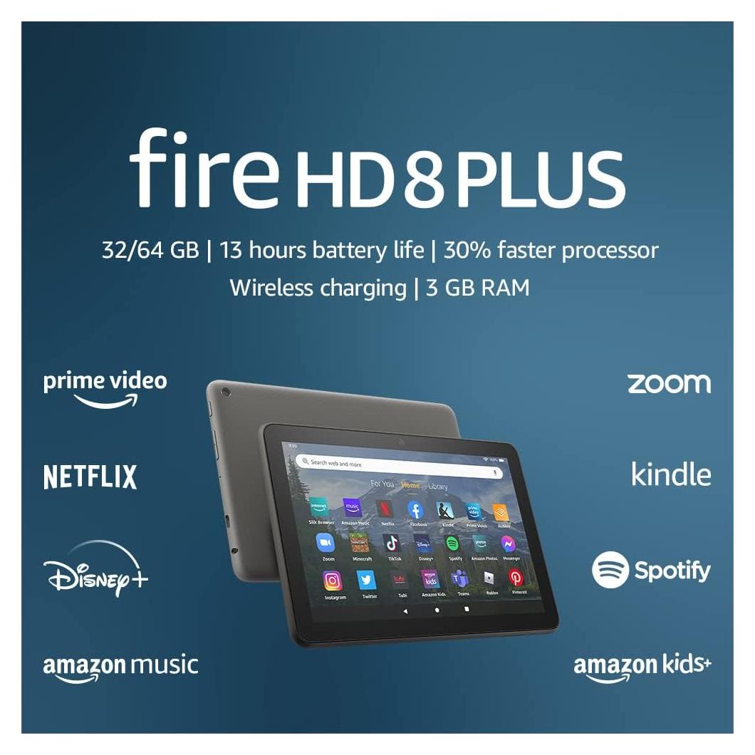 Amazon Fire HD 8 Plus tablet, 8” HD Display, 32 GB, 30% faster processor, 3GB RAM, wireless charging, (2022 release), Gray