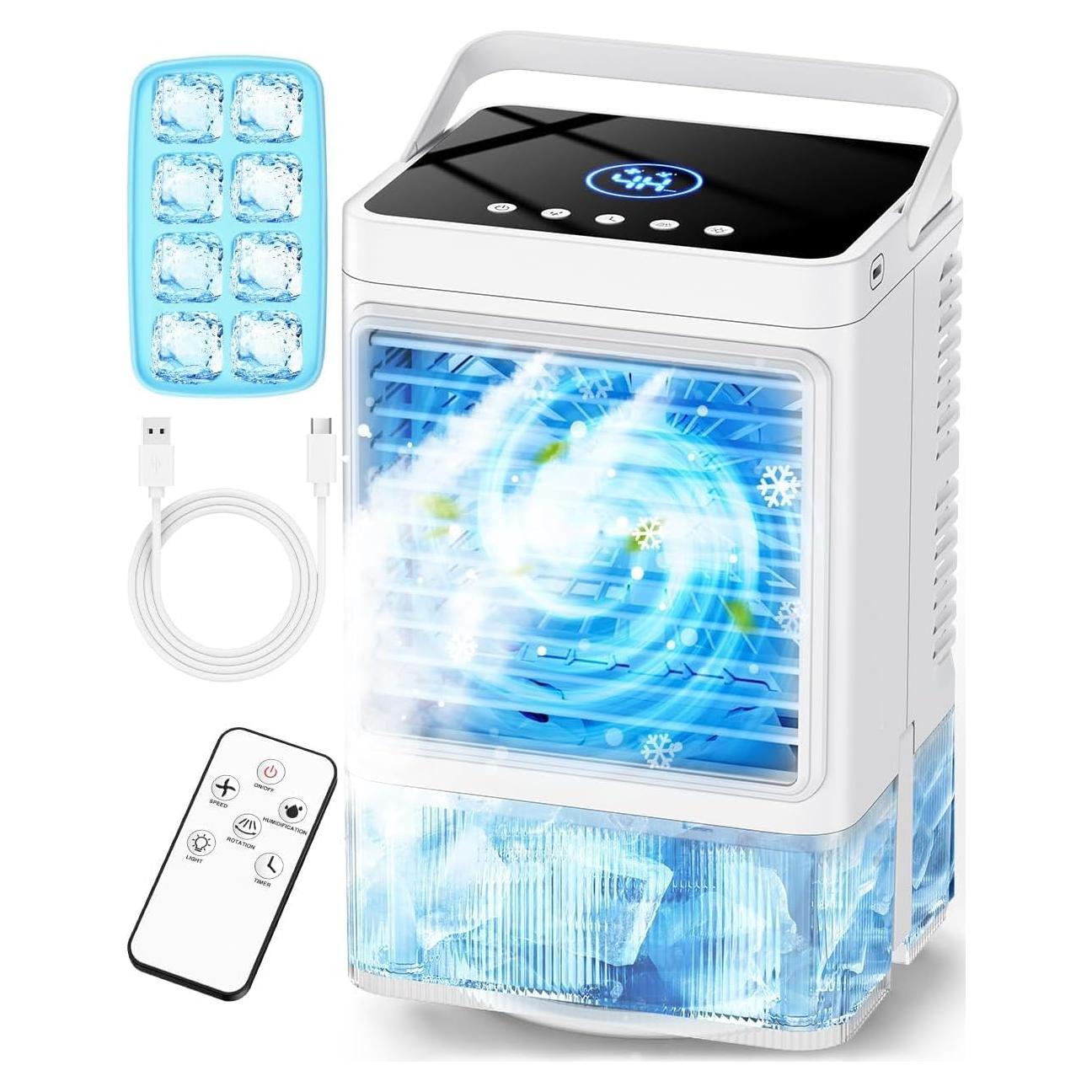 Small Air Conditioner w/ 3 Speeds&3 Modes, Remote, 1100ML Tank Humidifier, 8-Cube Ice Tray, 120° Oscillating, 4 IN 1 Portable Air Conditioners, 7-Color Light, 4H Timer Desk AC Unit for Bedroom