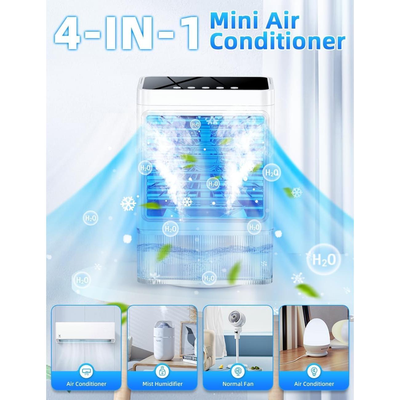 Small Air Conditioner w/ 3 Speeds&3 Modes, Remote, 1100ML Tank Humidifier, 8-Cube Ice Tray, 120° Oscillating, 4 IN 1 Portable Air Conditioners, 7-Color Light, 4H Timer Desk AC Unit for Bedroom