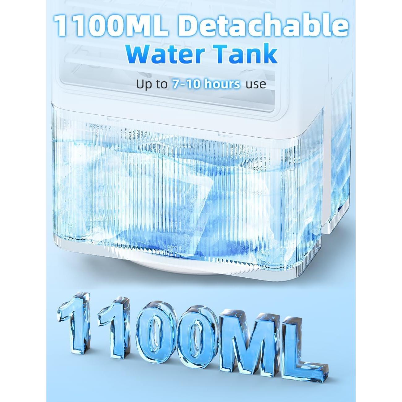 Small Air Conditioner w/ 3 Speeds&3 Modes, Remote, 1100ML Tank Humidifier, 8-Cube Ice Tray, 120° Oscillating, 4 IN 1 Portable Air Conditioners, 7-Color Light, 4H Timer Desk AC Unit for Bedroom