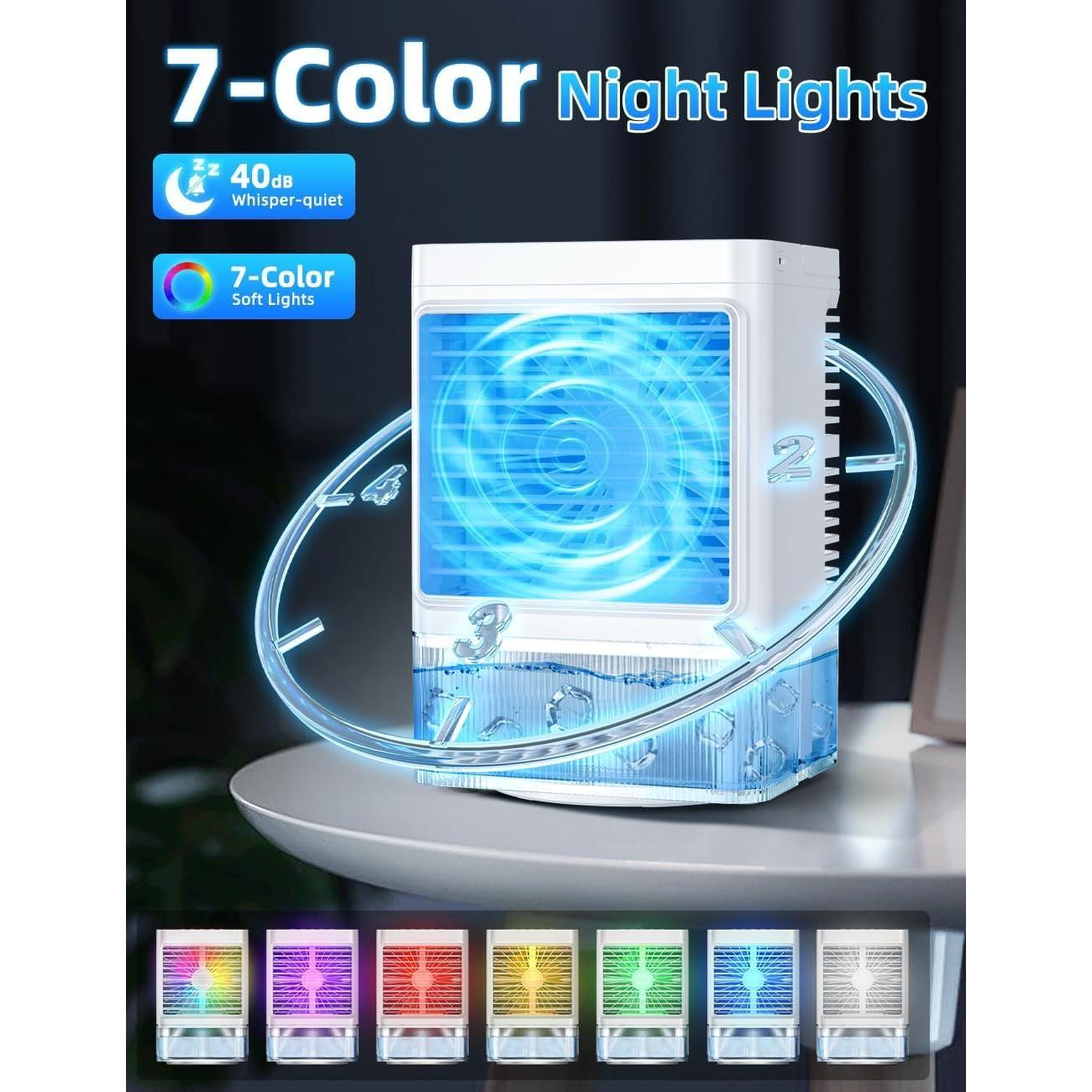 Small Air Conditioner w/ 3 Speeds&3 Modes, Remote, 1100ML Tank Humidifier, 8-Cube Ice Tray, 120° Oscillating, 4 IN 1 Portable Air Conditioners, 7-Color Light, 4H Timer Desk AC Unit for Bedroom