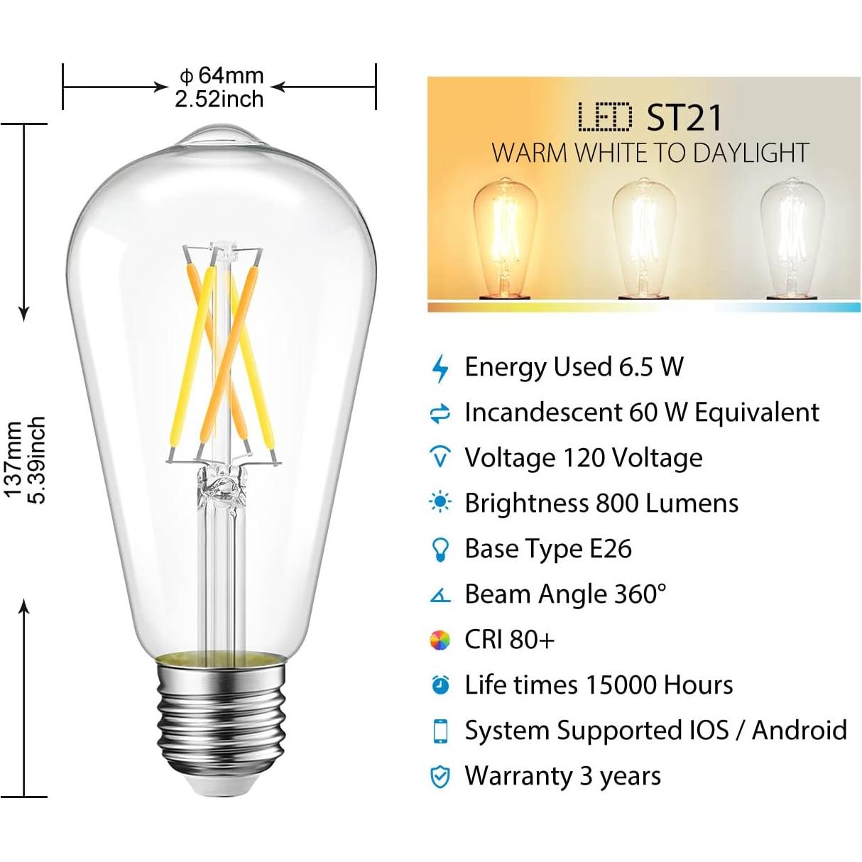 Bombilla LED Inteligente LVWIT ST21 Dimmable E26 2700K-6500K 2P