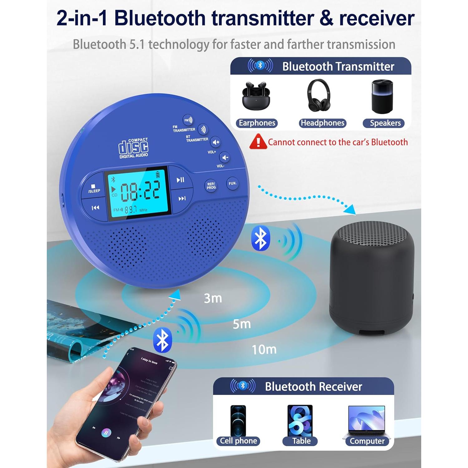 Reproductor de CD Portátil Sunoony CD-35B Bluetooth Azul