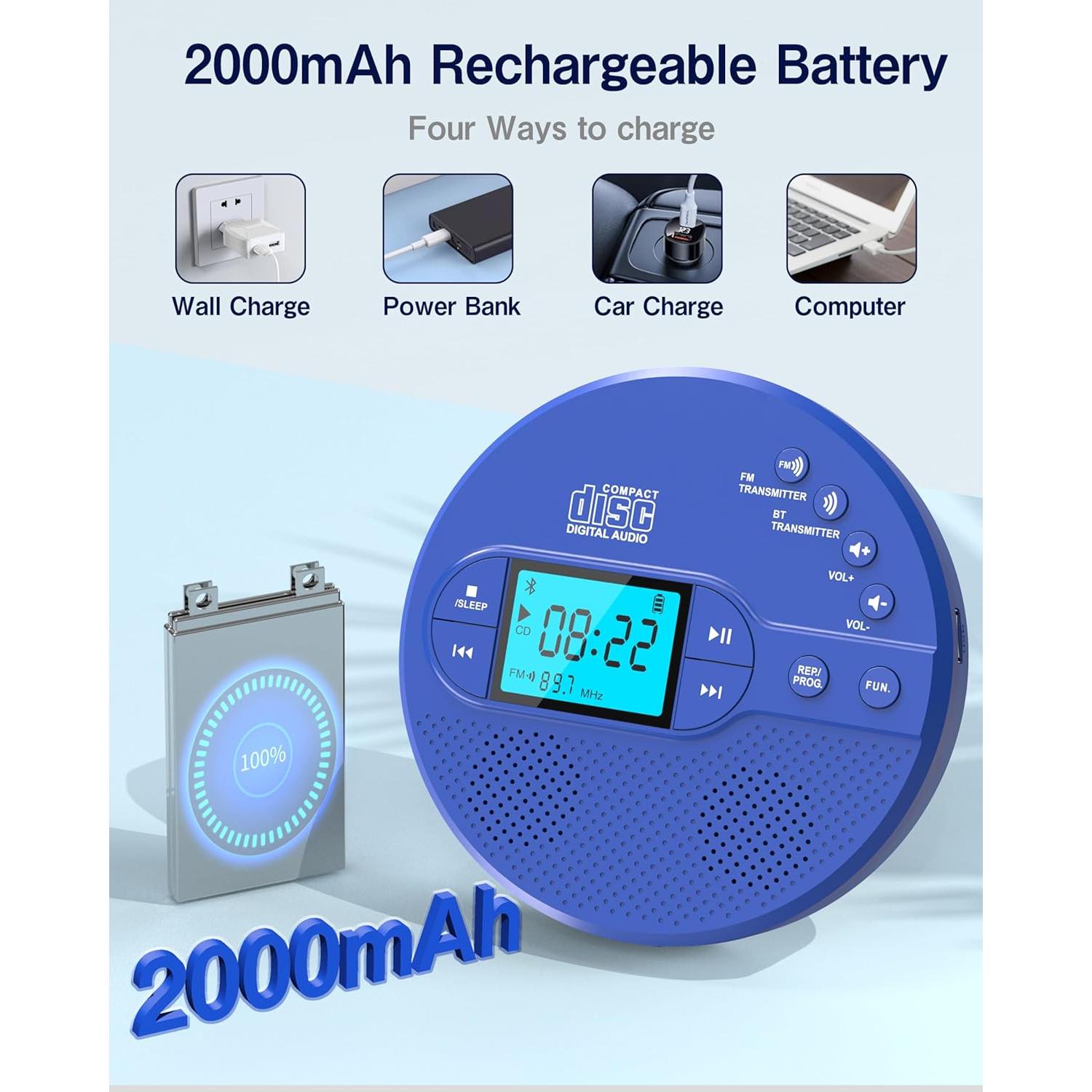 Reproductor de CD Portátil Sunoony CD-35B Bluetooth Azul